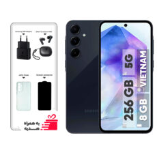 گوشی موبایل سامسونگ مدل Galaxy A55 دو سیم کارت ظرفیت 256 گیگابایت و رم 8 گیگابایت – ویتنام – به همراه شارژر 25 واتی سامسونگ، هدفون بلوتوثی انکر مدل Soundcore R50i، محافظ صفحه نمایش و قاب ژله‌ای