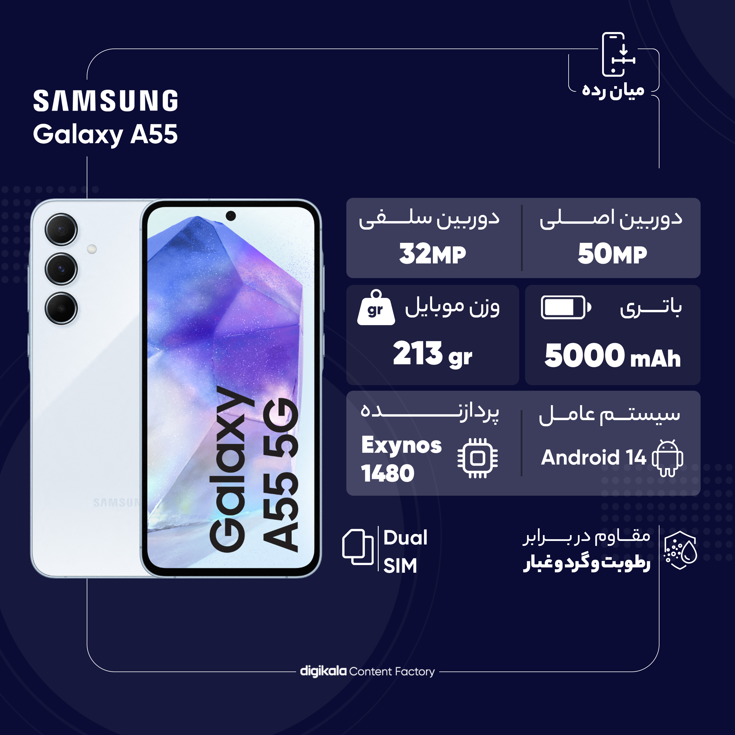 گوشی موبایل سامسونگ مدل Galaxy A55 دو سیم کارت ظرفیت 256 گیگابایت و رم 8 گیگابایت - ویتنام - به همراه شارژر 25 واتی سامسونگ، هدفون بلوتوثی انکر مدل Soundcore R50i، محافظ صفحه نمایش و قاب ژله‌ای