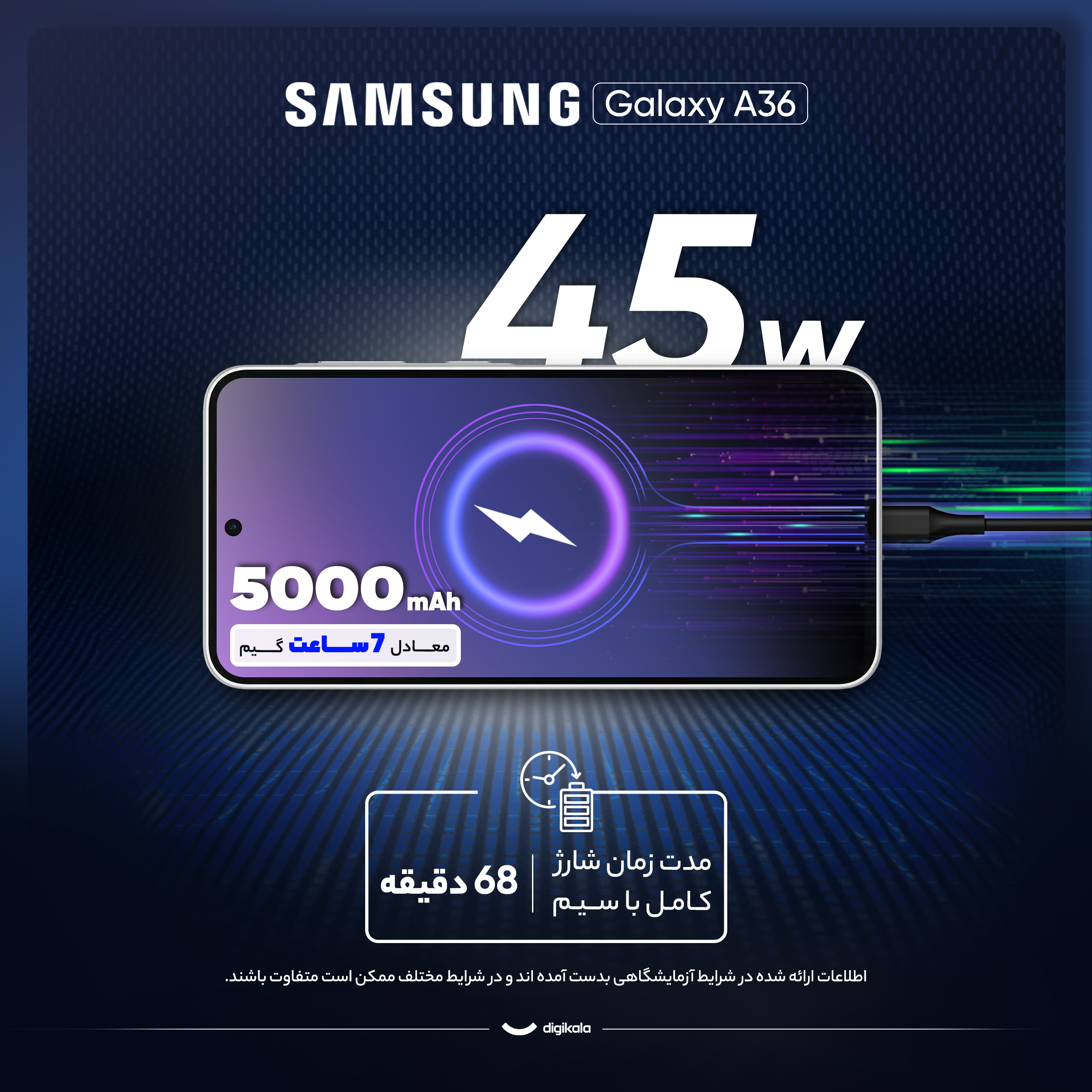 گوشی موبایل سامسونگ مدل Galaxy A36 دو سیم کارت ظرفیت 256 گیگابایت و رم 12 گیگابایت - به همراه شارژر 25 وات سامسونگ