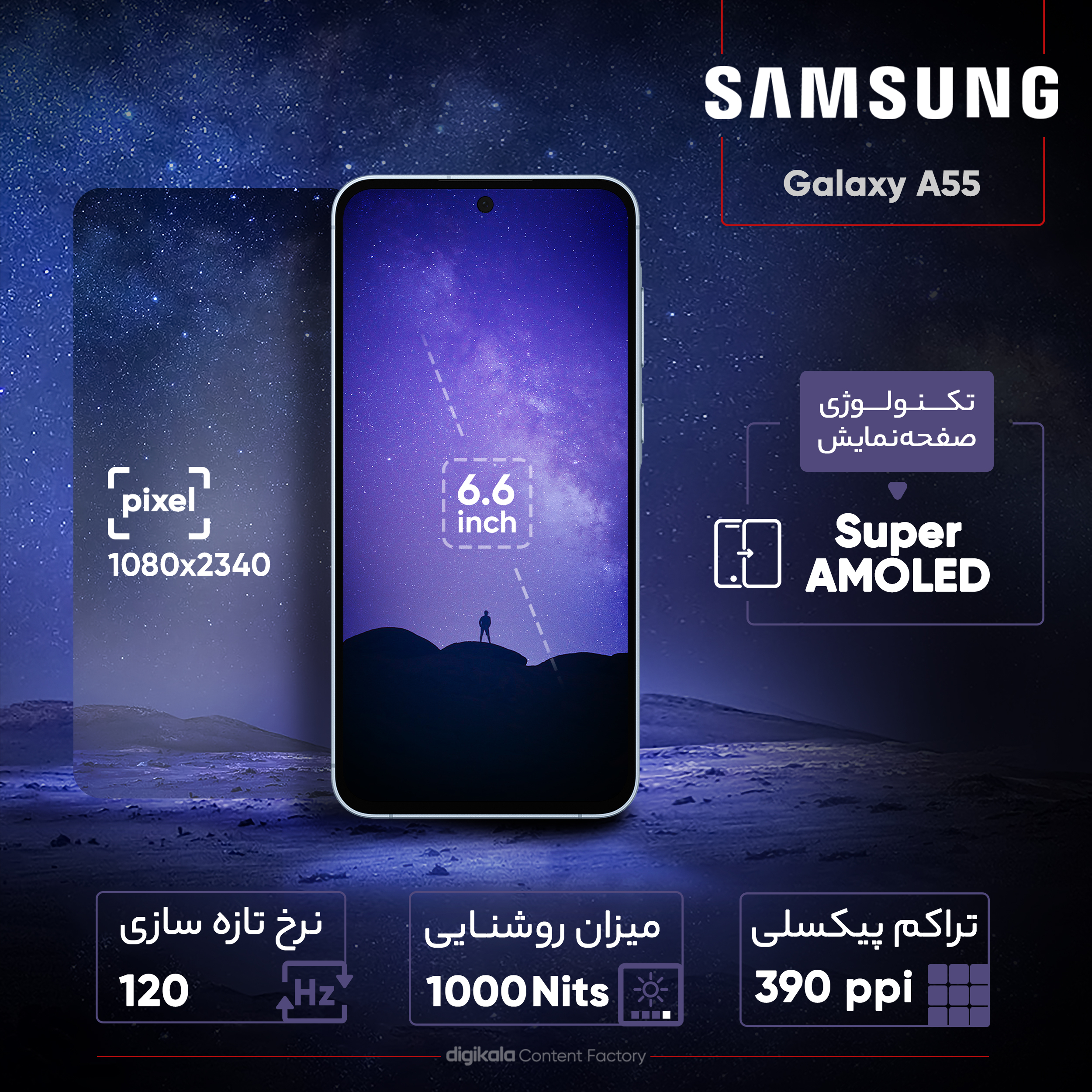 گوشی موبایل سامسونگ مدل Galaxy A55 دو سیم کارت ظرفیت 256 گیگابایت و رم 8 گیگابایت - ویتنام - به همراه شارژر 25 واتی سامسونگ، هدفون بلوتوثی انکر مدل Soundcore R50i، محافظ صفحه نمایش و قاب ژله‌ای