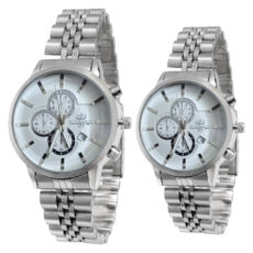 ست ساعت مچی عقربه ای زنانه و مردانه مدل تک موتوره تقویم دار بند فلزی کد 1