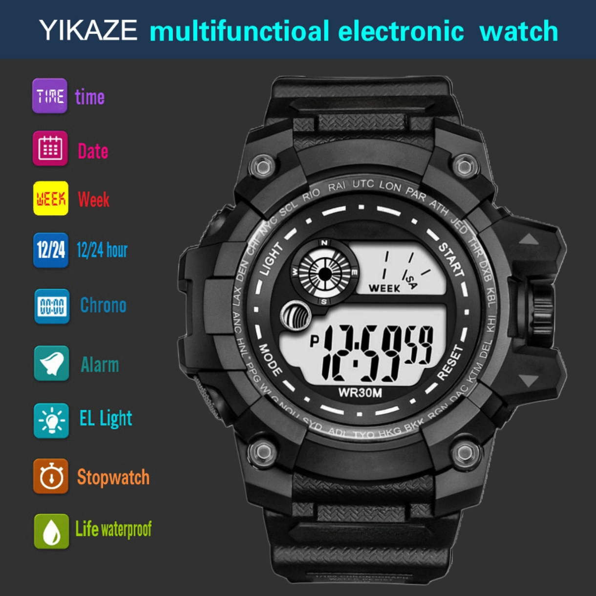 ساعت مچی دیجیتال مدل اسپرت تک زمانه کرنومتر دار کد 3