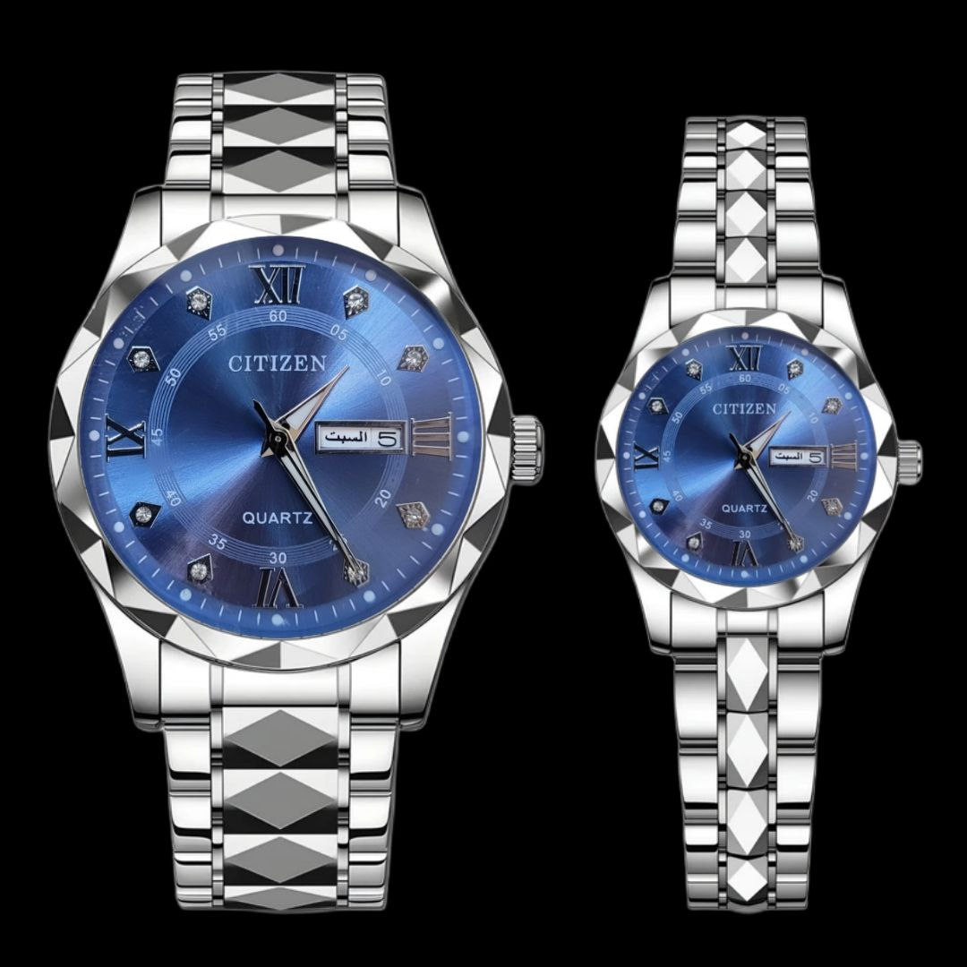 ست ساعت مچی عقربه‌ای کوارتز زنانه و مردانه مدل الماسی تک موتور دو تقویمه کد 03