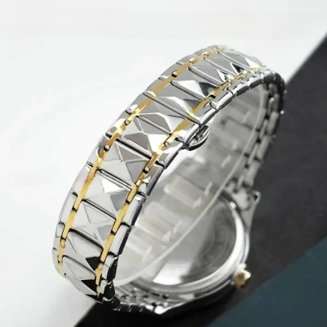 ست ساعت مچی عقربهای کوارتز زنانه و مردانه بین باند مدل الماسی دو تقویمه قفل مخفی بند استیل کد 009