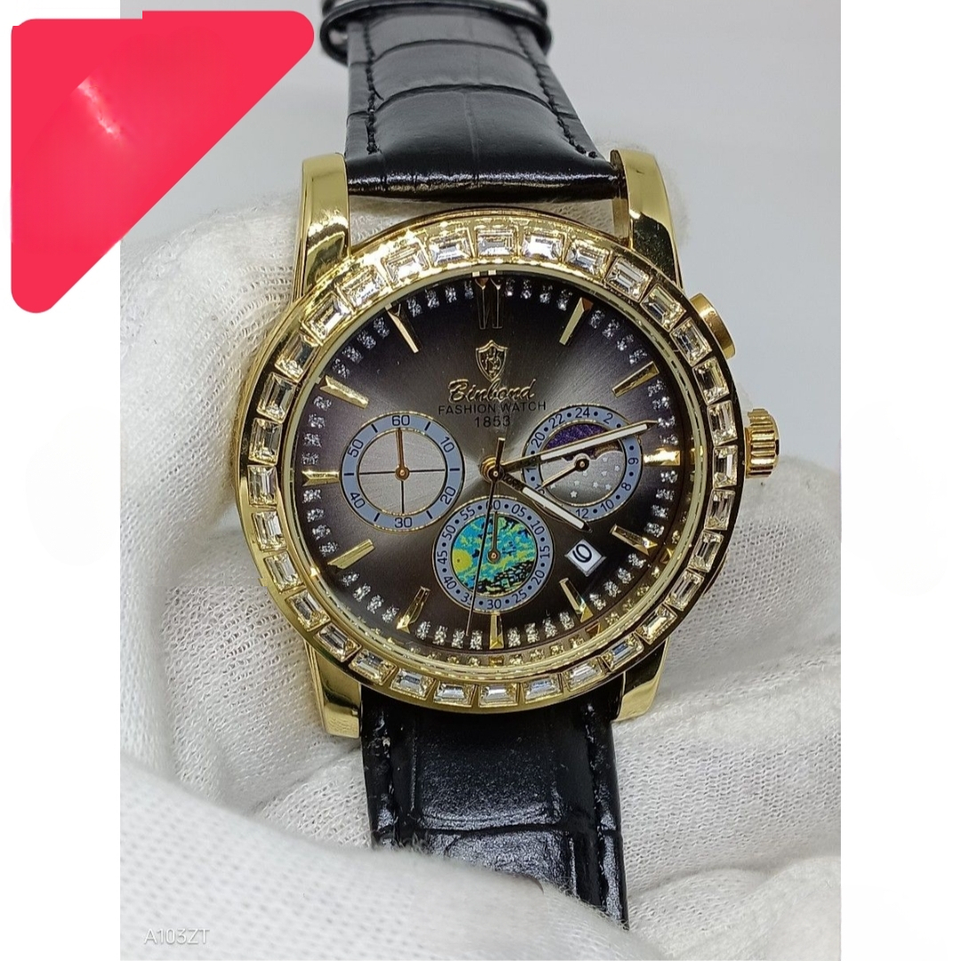 ساعت مچی عقربه‌ای کوارتز مردانه بین باند مدل اسپرت لوکس سه موتور فعال کرنوگراف بند چرم کد BN2