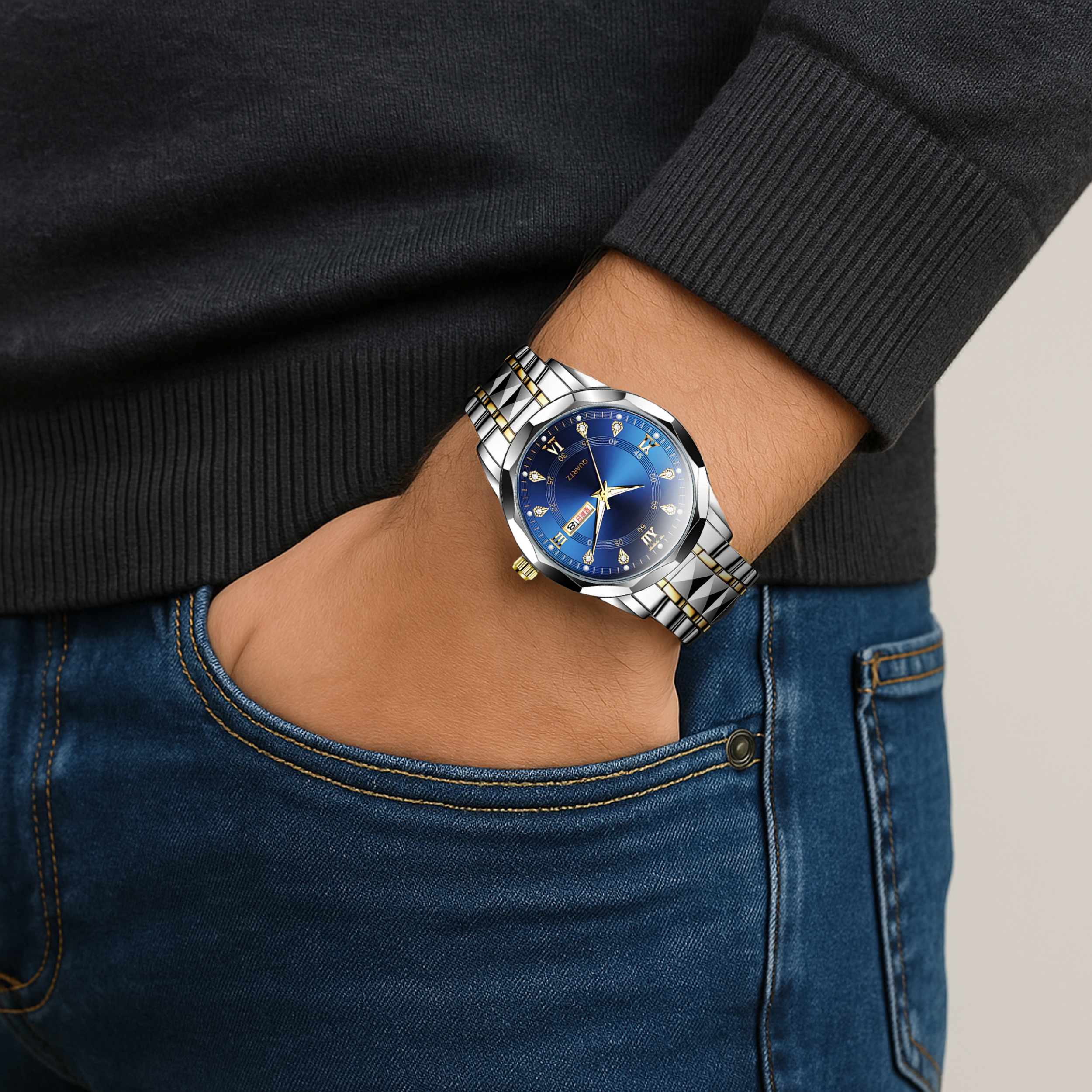 ساعت مچی عقربه‌ای کوارتز مردانه مدل کلاسیک دی دیت بند استیل طرح تراش الماسی کد c1.6