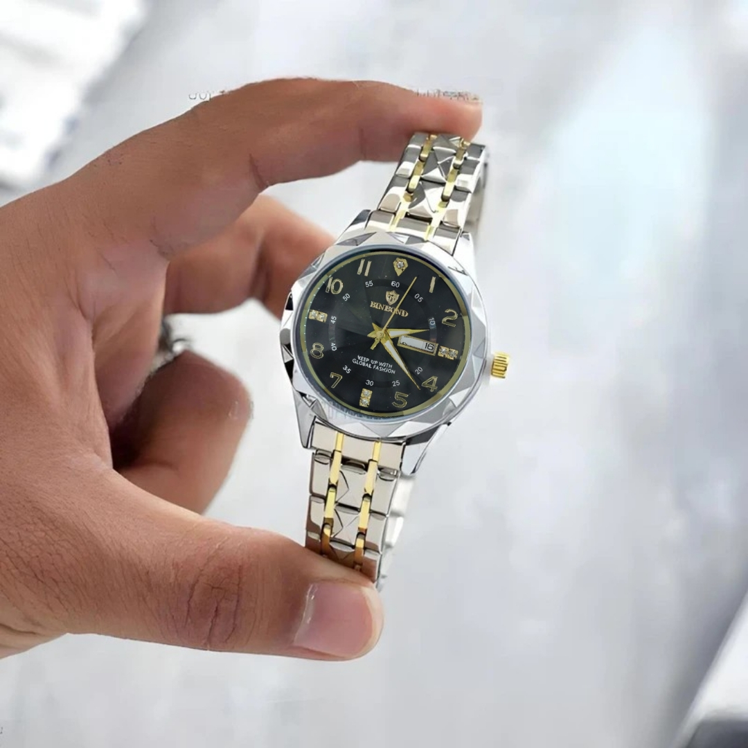 ست ساعت مچی عقربهای کوارتز زنانه و مردانه بین باند مدل الماسی دو تقویمه قفل مخفی بند استیل کد 009