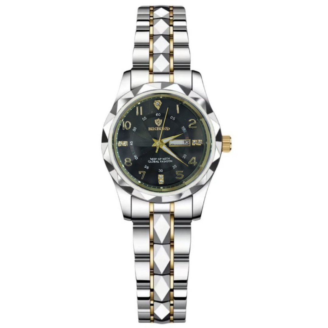ست ساعت مچی عقربهای کوارتز زنانه و مردانه بین باند مدل الماسی دو تقویمه قفل مخفی بند استیل کد 009