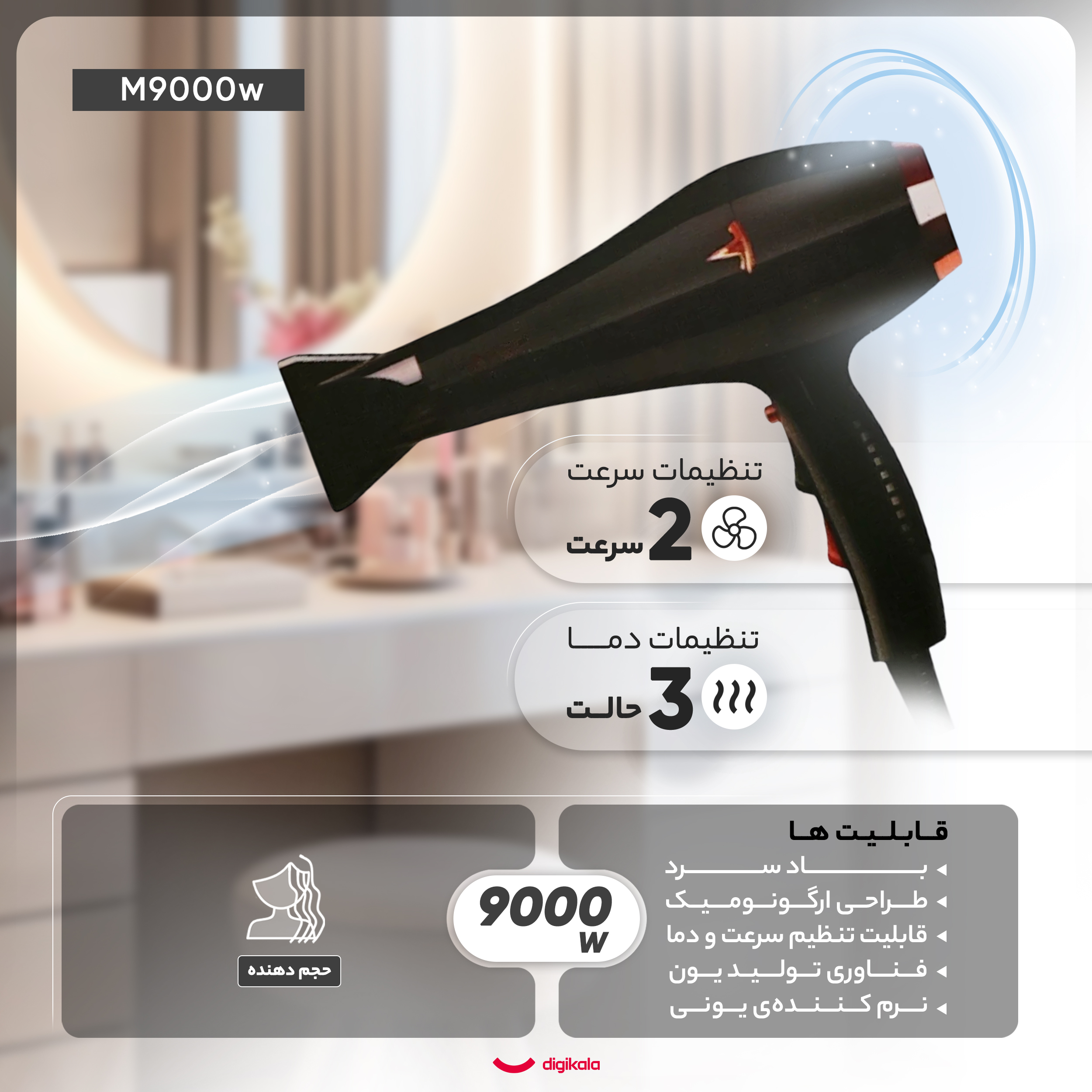 سشوار حرفه‌ای مدل M9000w، موتور AC با توان مصرفی 9000 وات، دارای قابلیت تعویض سری، باد سرد و فناوری تولید یون، طراحی ارگونومیک، با حالت حجم‌دهنده، وزن 550 گرم، تنظیم حرارت 3 حالته و کنترل سرعت 2 حالته، به همراه 1 عدد سری متمرکزکننده پهن