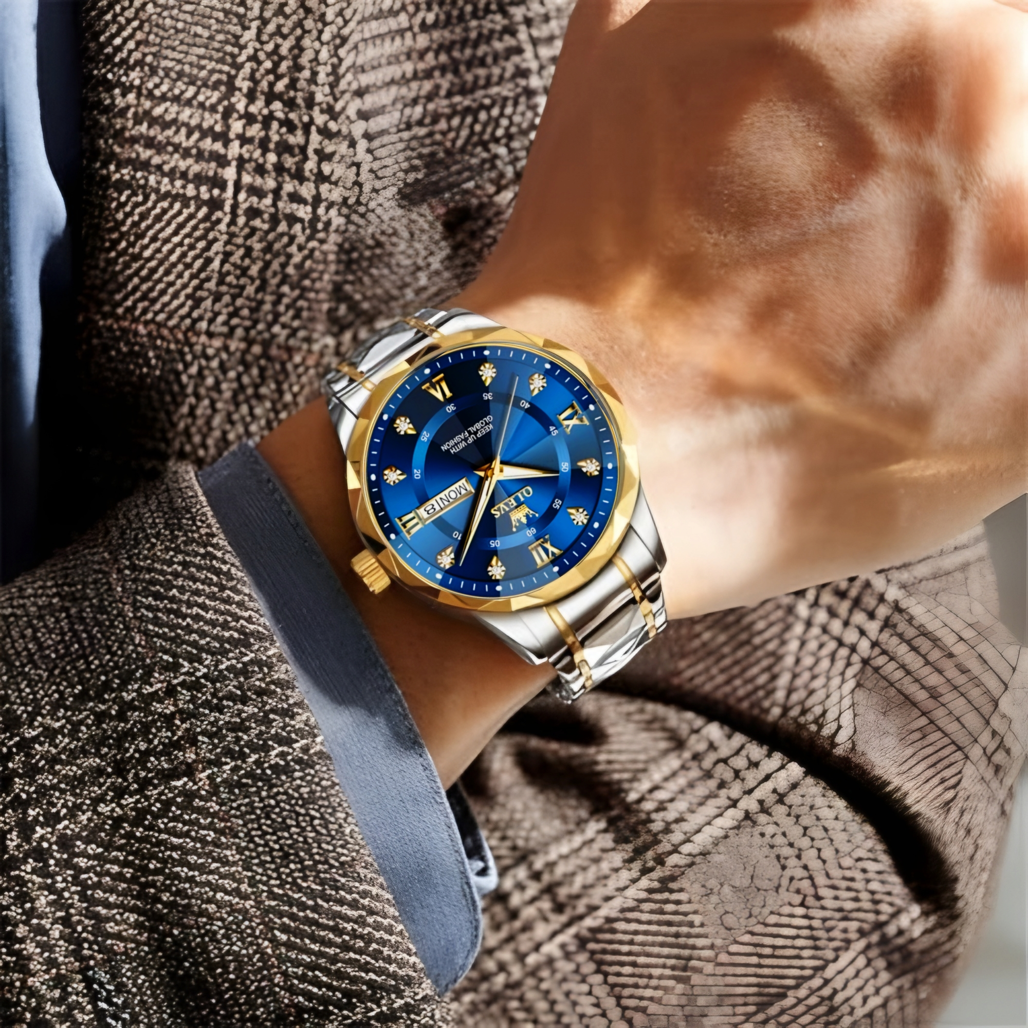 ساعت مچی عقربهای کوارتز مردانه اُ لِوز مدل لوکس کلاسیک دی دیت بند طرح تراش الماسی قفل مخفی کد ۲