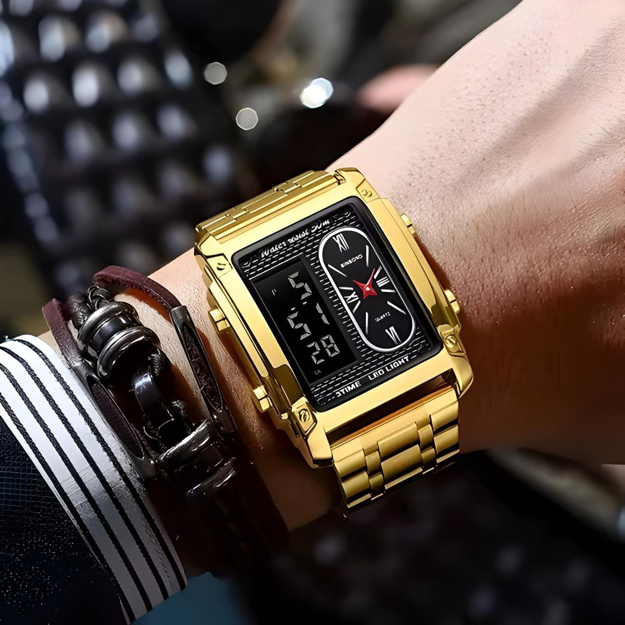 ساعت مچی عقربه‌ای کوارتز مردانه بین باند مدل دو زمانه کورنومتر دار کد 03