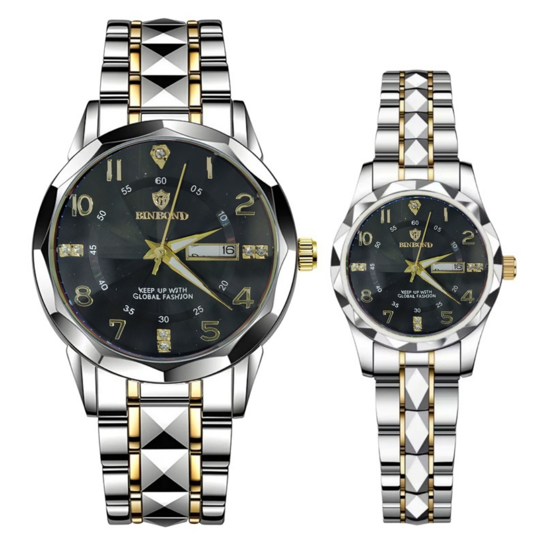 ست ساعت مچی عقربه‌ای کوارتز زنانه و مردانه بین باند مدل الماسی دو تقویمه قفل مخفی بند استیل کد 009
