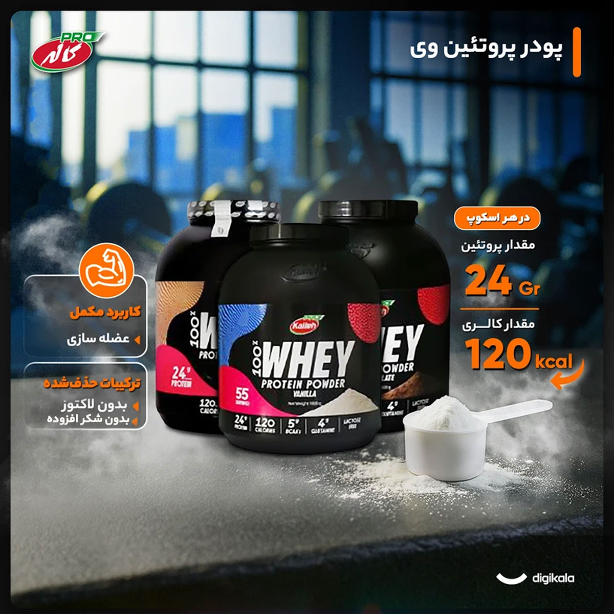 پودر پروتئین شکلات و وانیل و بیسکوئیت کاله پرو - 1800 گرم بسته 3 عددی