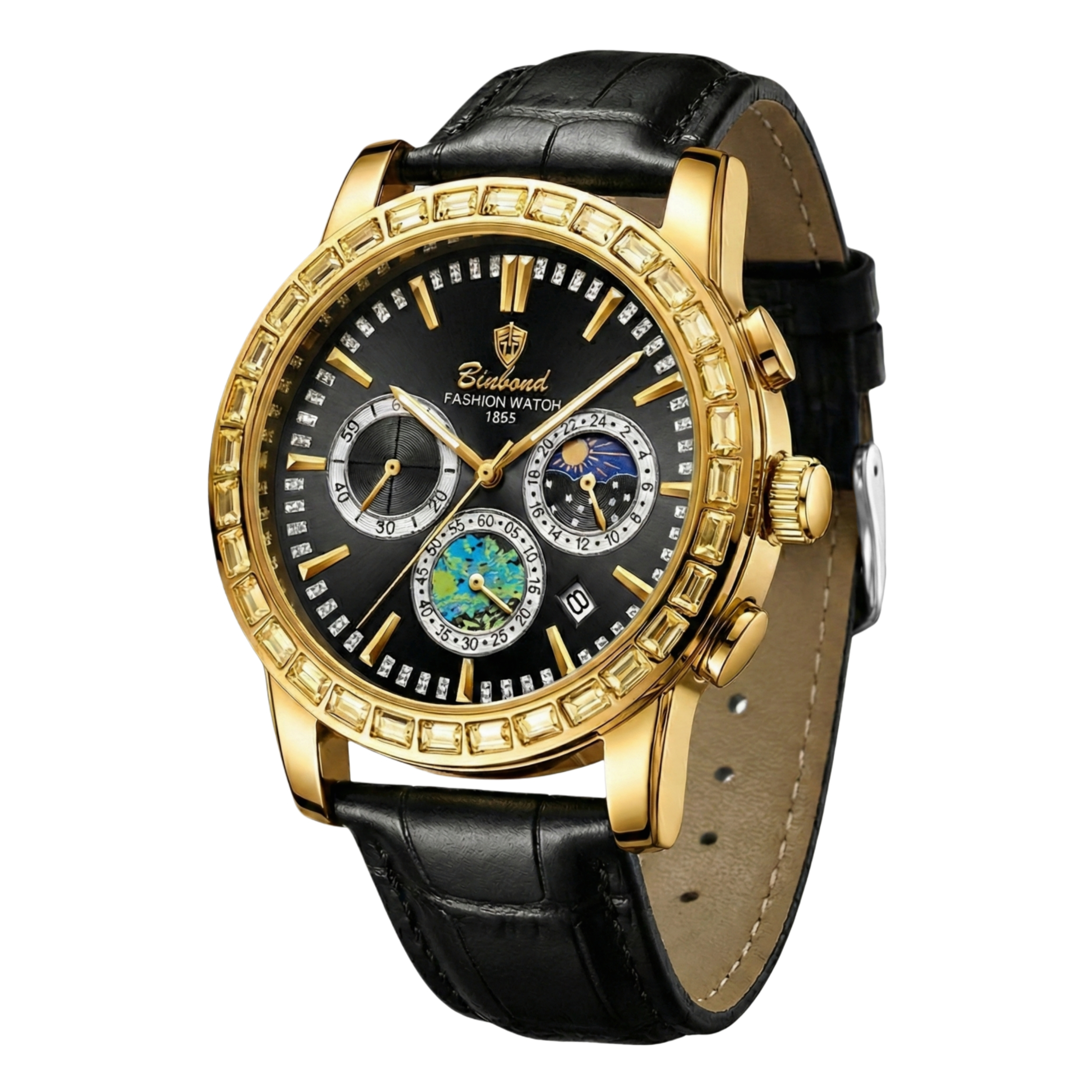 ساعت مچی عقربه‌ای کوارتز مردانه بین باند مدل اسپرت لوکس سه موتور فعال کرنوگراف بند چرم کد BN2