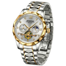 ساعت مچی عقربه‌ای کوارتز مردانه بین باند مدل اسپرت لوکس سه موتور فعال بند طرح تراش الماسی قفل مخفی کد JBN003