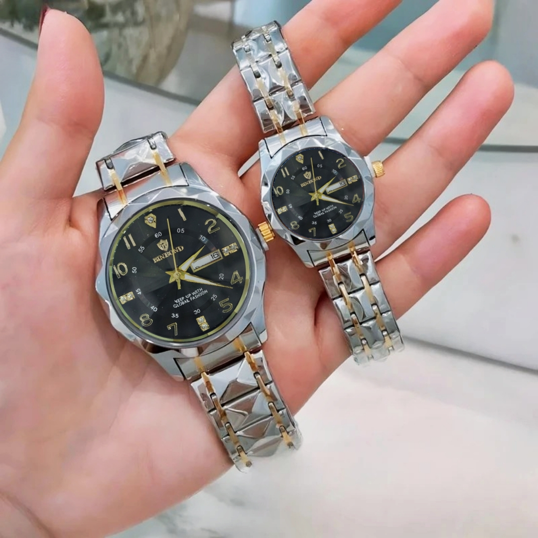 ست ساعت مچی عقربهای کوارتز زنانه و مردانه بین باند مدل الماسی دو تقویمه قفل مخفی بند استیل کد 009