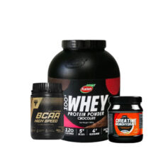پودر پروتئین با طعم شکلات کاله پرو – 1800 گرم به همراه پودر کراتین مونوهیدرات 100% کیو ان تی – 300 گرم به همراه پودر بی سی ای ترک نوتریشن – 300 گرم