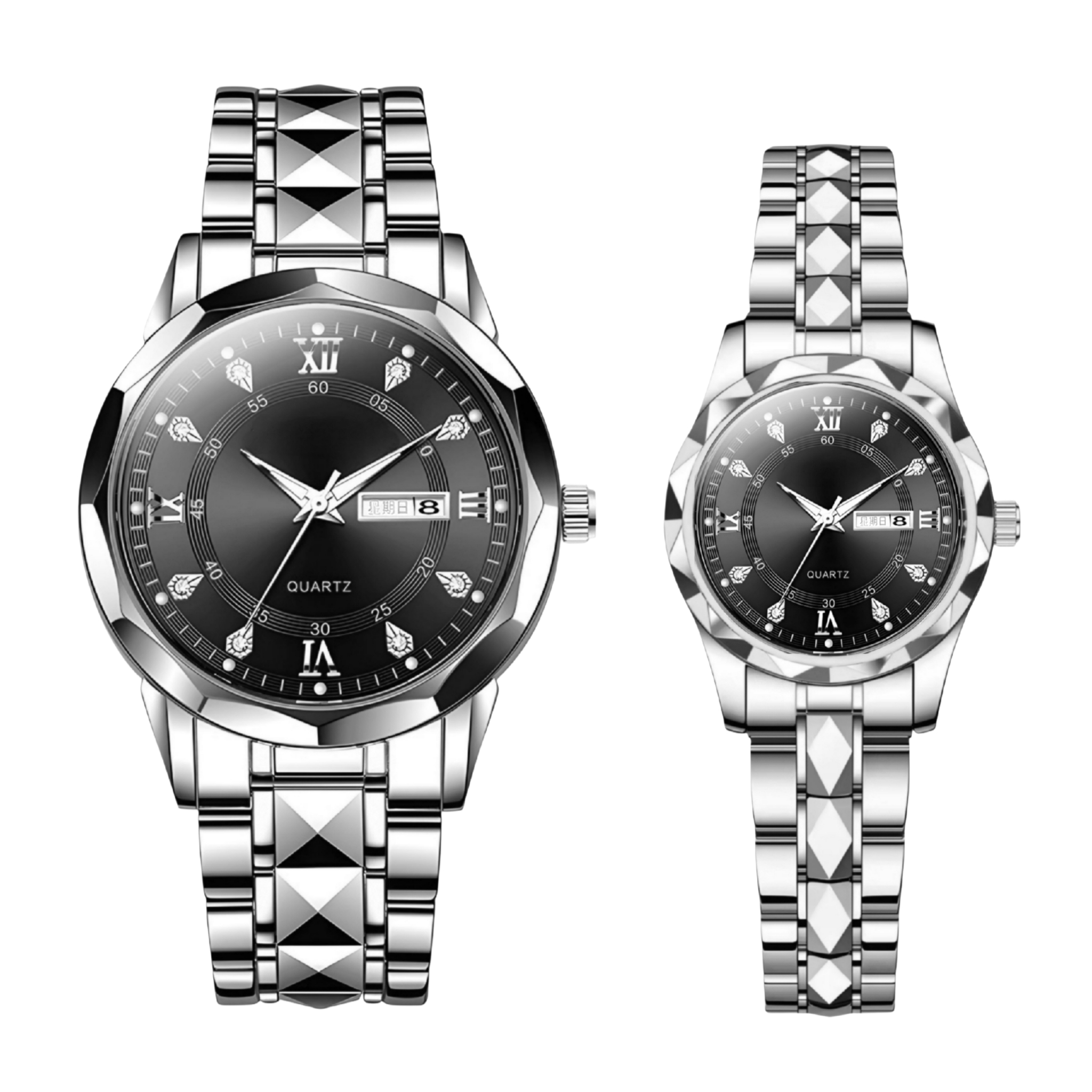 ست ساعت مچی عقربه‌ای زنانه و مردانه مدل کوارتز کلاسیک بند استیل طرح تراش الماسی کد C2.6