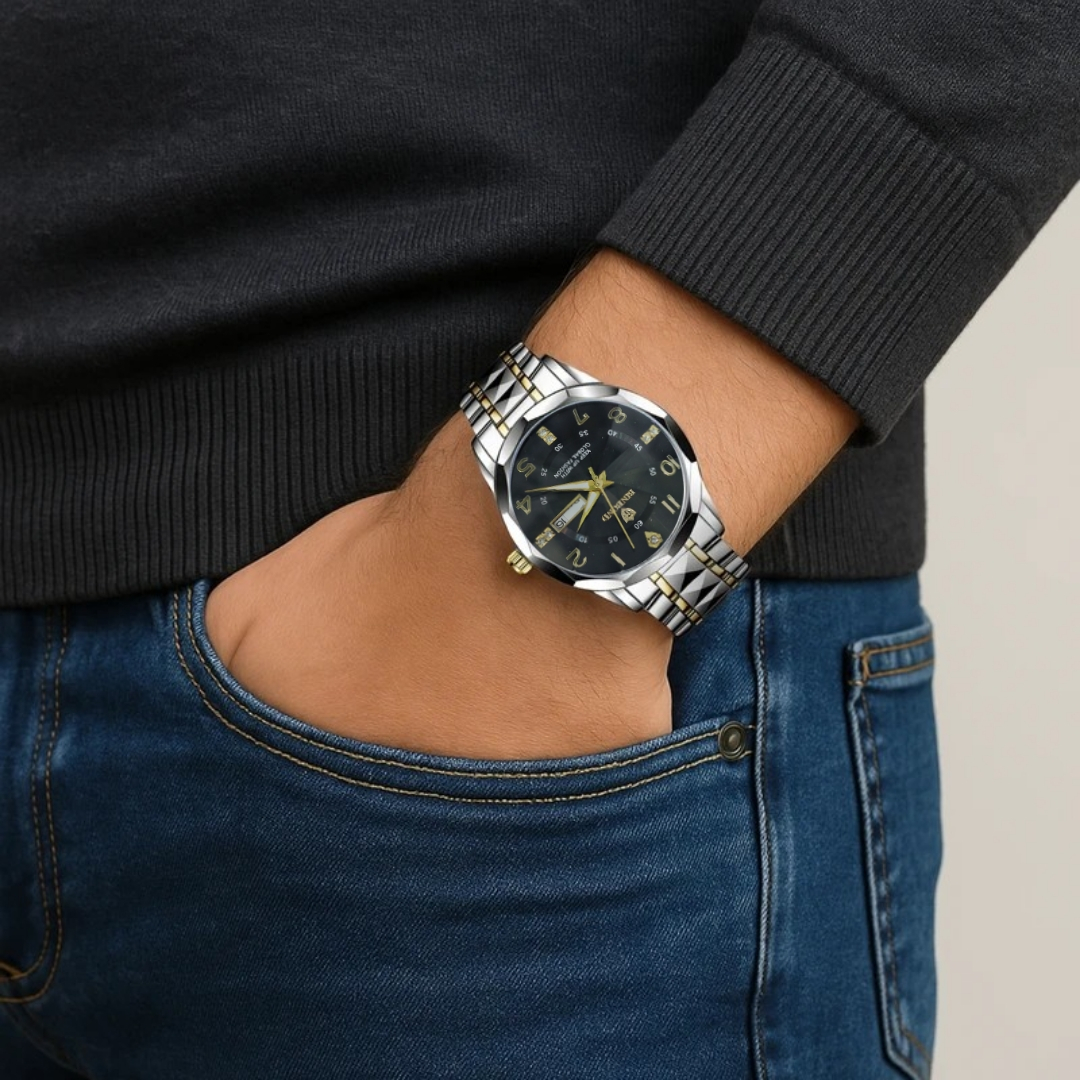 ست ساعت مچی عقربهای کوارتز زنانه و مردانه بین باند مدل الماسی دو تقویمه قفل مخفی بند استیل کد 009