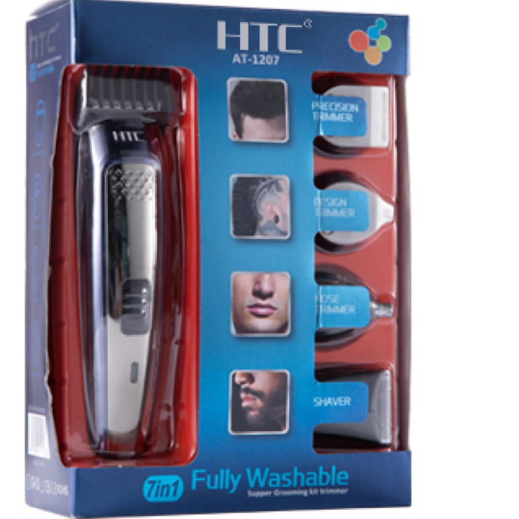 ست ماشین اصلاح موی صورت و بدن شارژی اچ تی سی مدل AT 1207، اصلاح به صورت خط زن و حجم زن، طراحی ارگونومیک، منبع انرژی با برق، تکنولوژی اصلاح به صورت برش چرخشی، مدت زمان شارژ 240 دقیقه و مدت زمان استفاده پس از شارژ 60 دقیقه، سری قابل شست‌وشو