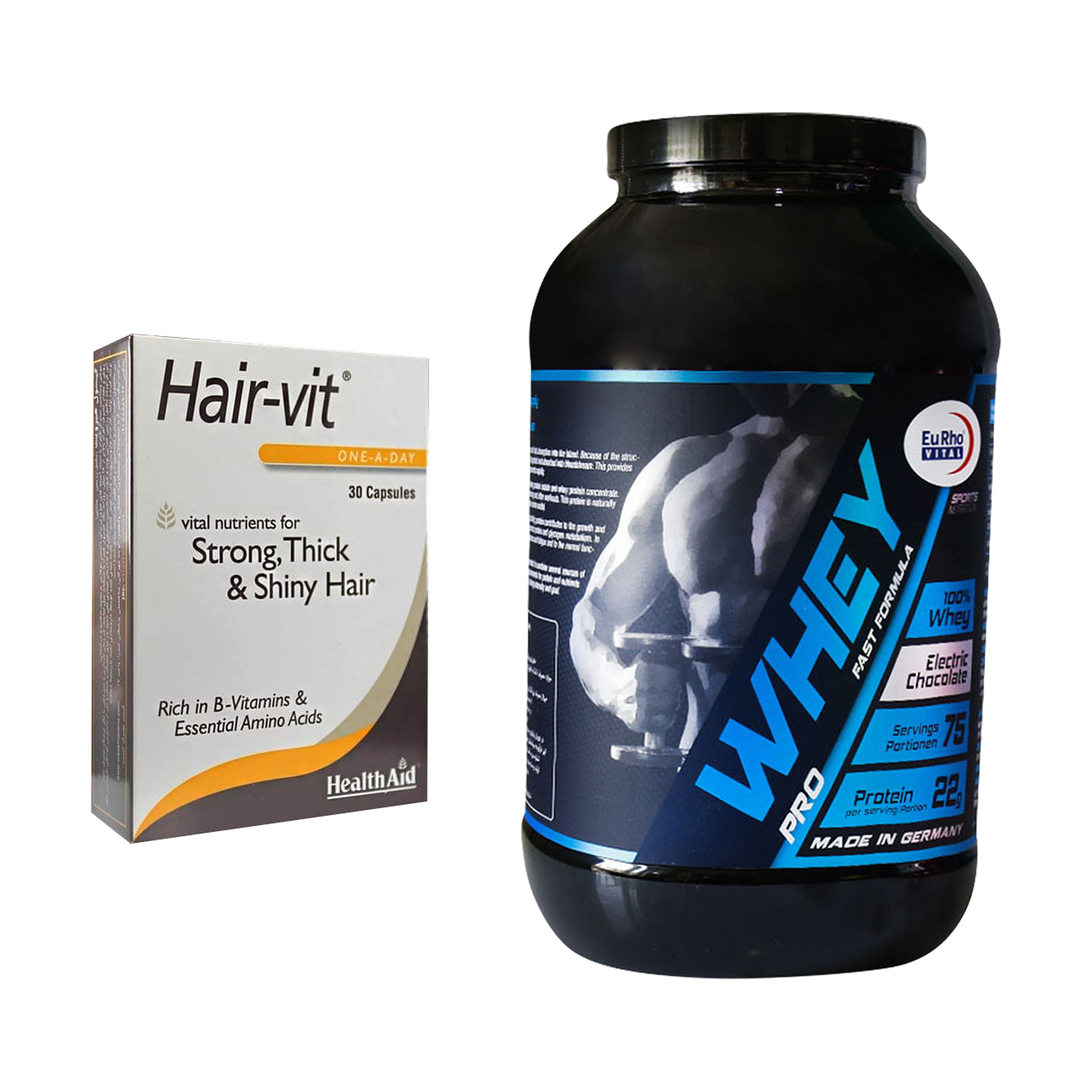 پودر وی پروتئین یوروویتال و کپسول هیرویت هلث اید