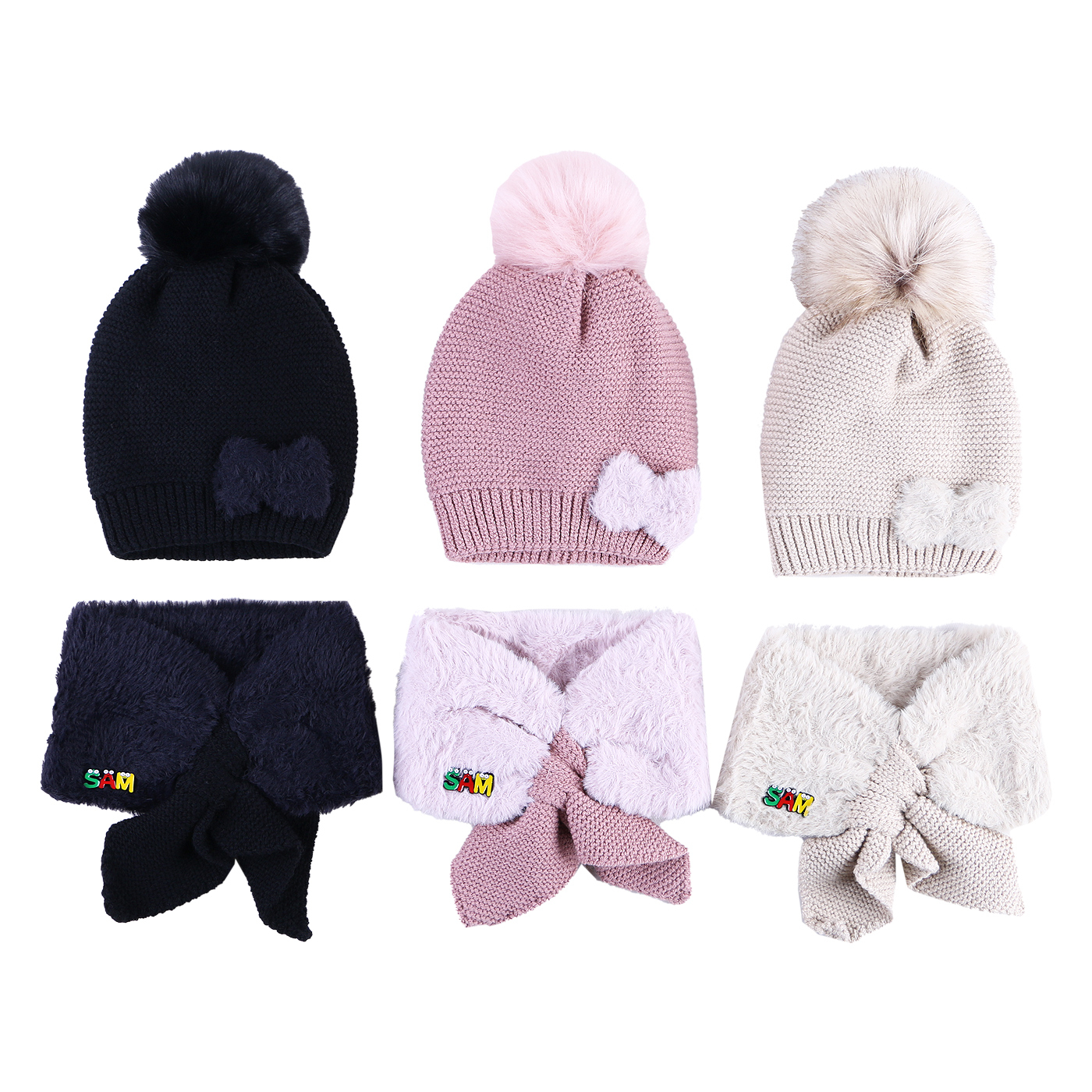 ست کلاه و شال بافتنی سام مدل داخل خز طرح پاپیون کد 566