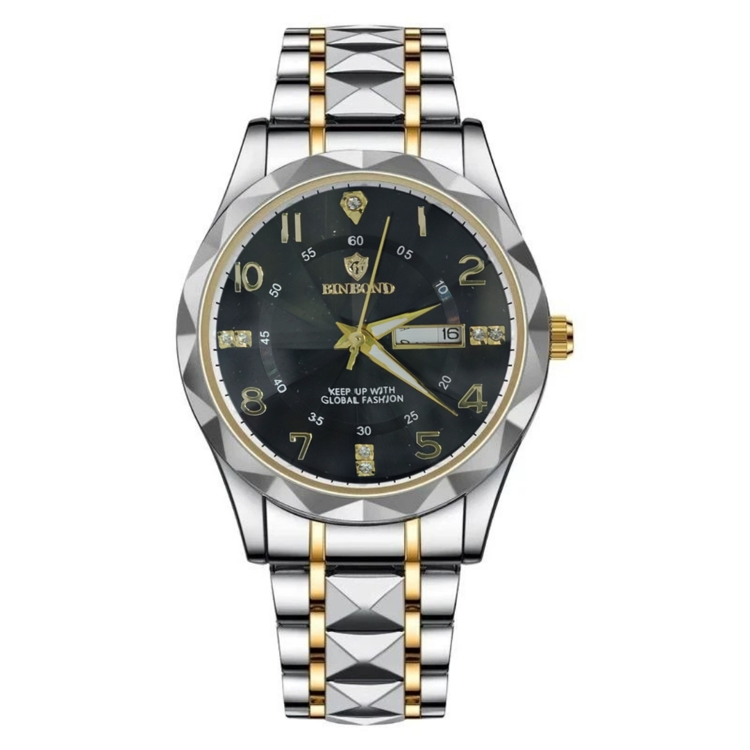 ست ساعت مچی عقربهای کوارتز زنانه و مردانه بین باند مدل الماسی دو تقویمه قفل مخفی بند استیل کد 009