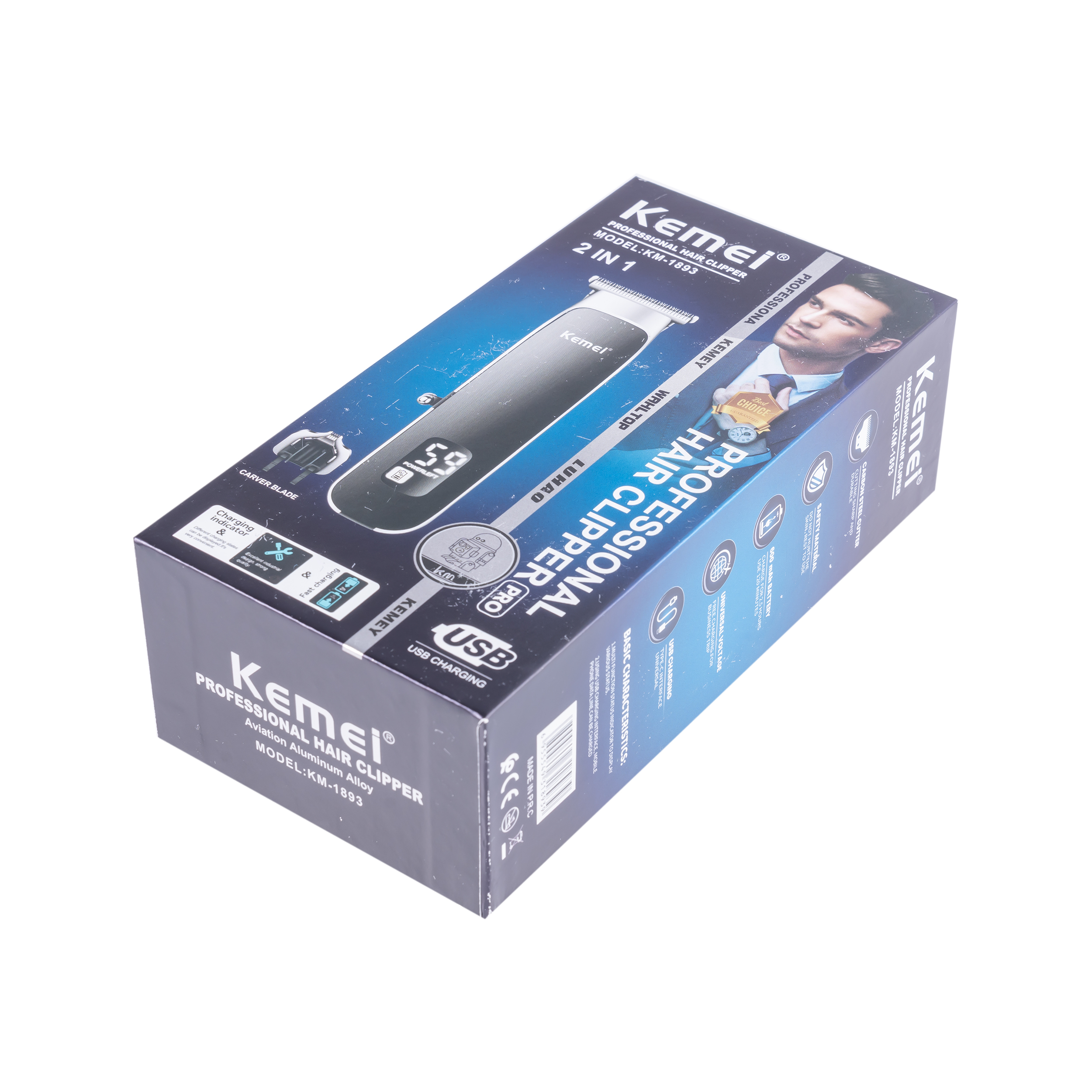 ماشین اصلاح موی سر و صورت کیمی مدل KM-1893، اصلاح به صورت خط زن، طراحی ارگونومیک، منبع انرژی با باتری، تکنولوژی اصلاح به صورت برش مستقیم، مدت زمان شارژ 120 دقیقه و مدت زمان استفاده پس از شارژ 90 دقیقه، به همراه برس تمیزکننده، کابل شارژ USB و روغن