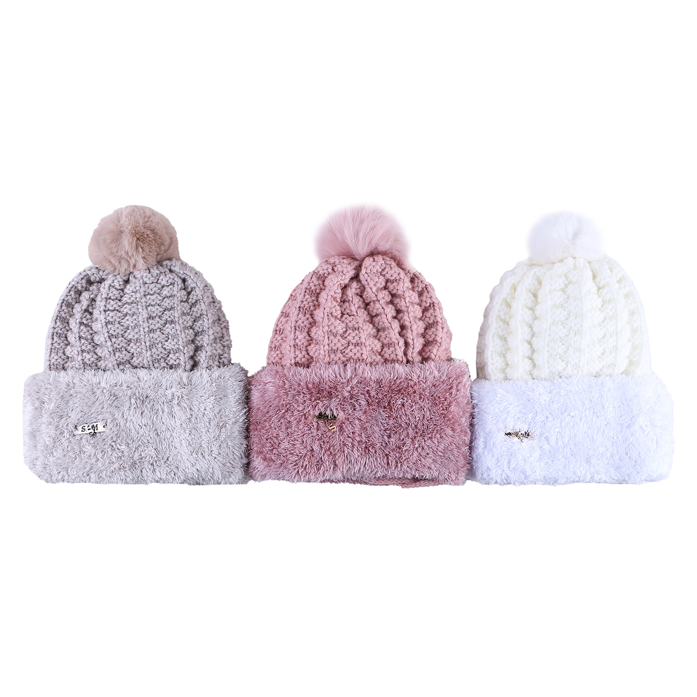 کلاه بافتنی سام مدل لبه خز طرح پوم دار کد 517