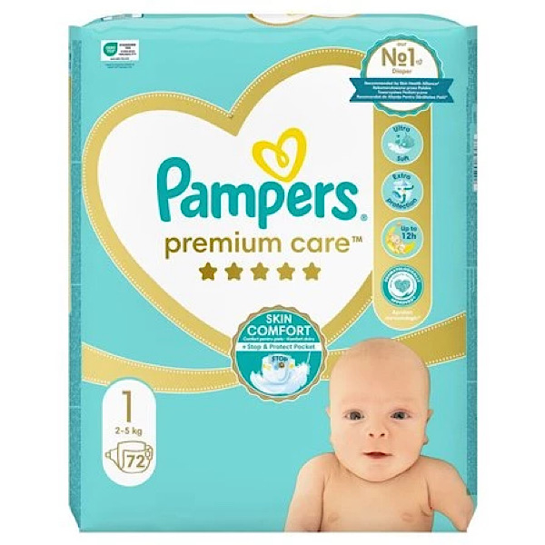 پوشک بچه پمپرز مدل premium care سایز ۱ بسته ۷۲ عددی
