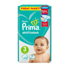 پوشک پریما مدل Aktif bebek سایز 3 بسته 62 عددی مجموعه 2 عددی