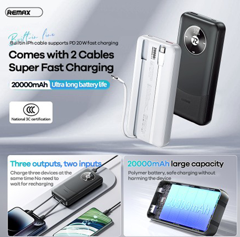 پاوربانک ریمکس مدل Fast Charge 2way ظرفیت 20000 میلی آمپر ساعت به همراه کابل USB-C و لایتنینگ