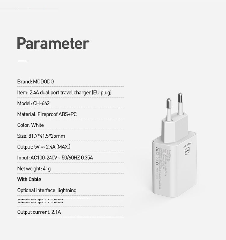 شارژر دیواری مک دودو مدل CH-6720 به همراه کابل تبدیل لایتنینگ