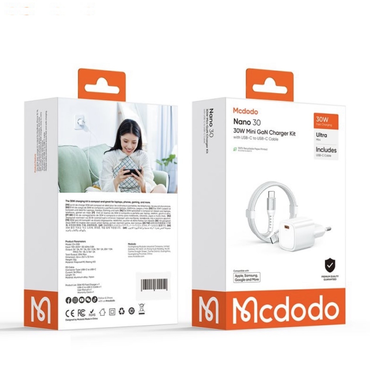 شارژر دیواری 30 وات مک دودو مدل Nano 30 mini به همراه کابل USB-C