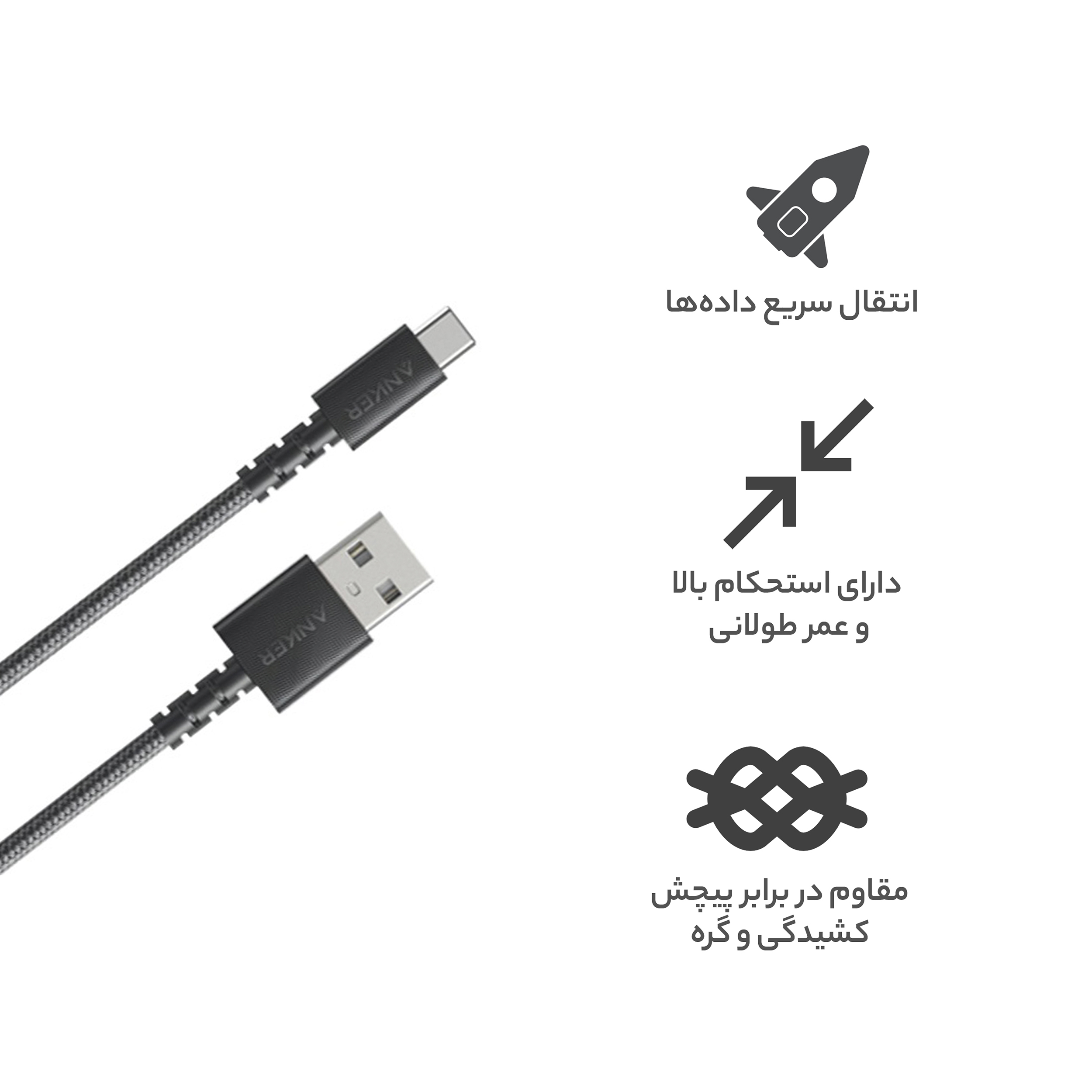 کابل تبدیل USB به USB-C انکر مدل A8022 طول 0.9 متر