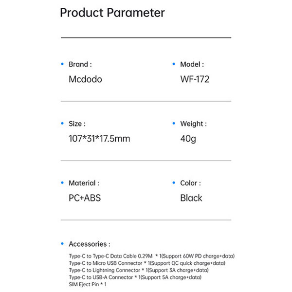 کابل تبدیل USB-C/USB به لایتنینگ/USB-C/MicroUSB مک‌دودو مدل WF-1720 طول 0.3 متر