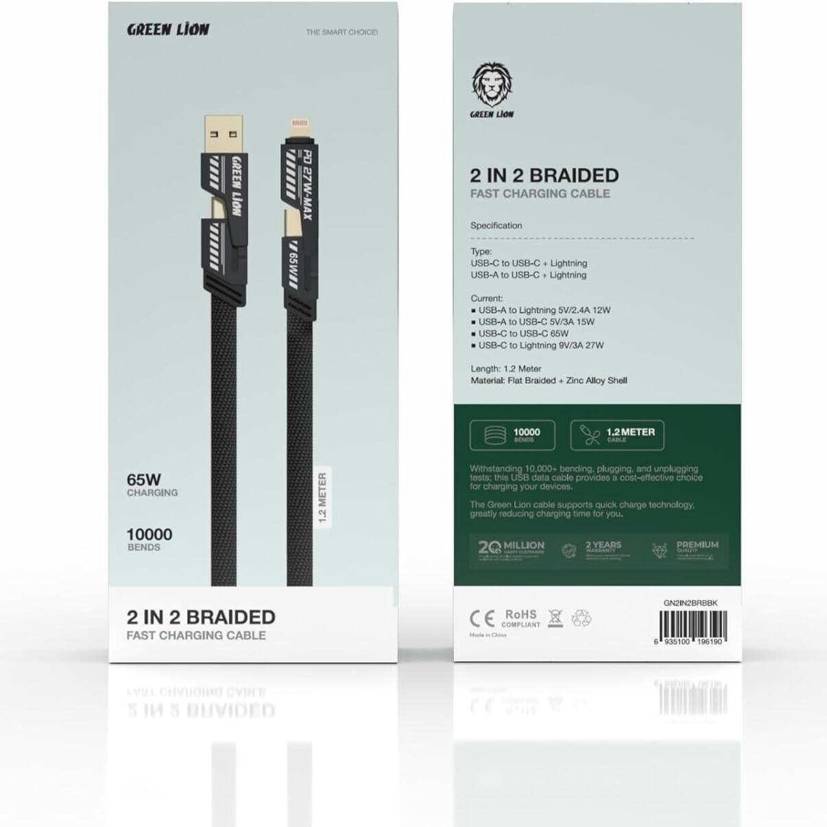 کابل تبدیل USB/USB-C به USB-C/لایتنینگ گرین لاین مدل 2 in 2 Braided طول 1.2 متر
