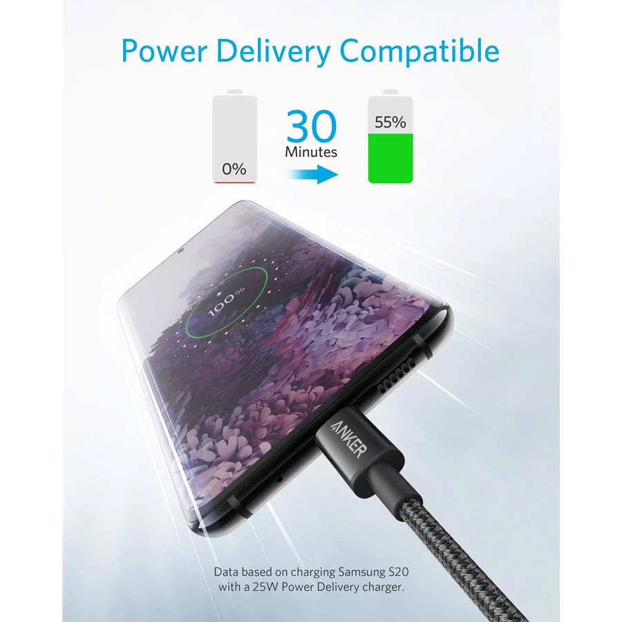 کابل تبدیل USB-C به USB-C انکر مدل Nylon A8753 طول 1.8 متر