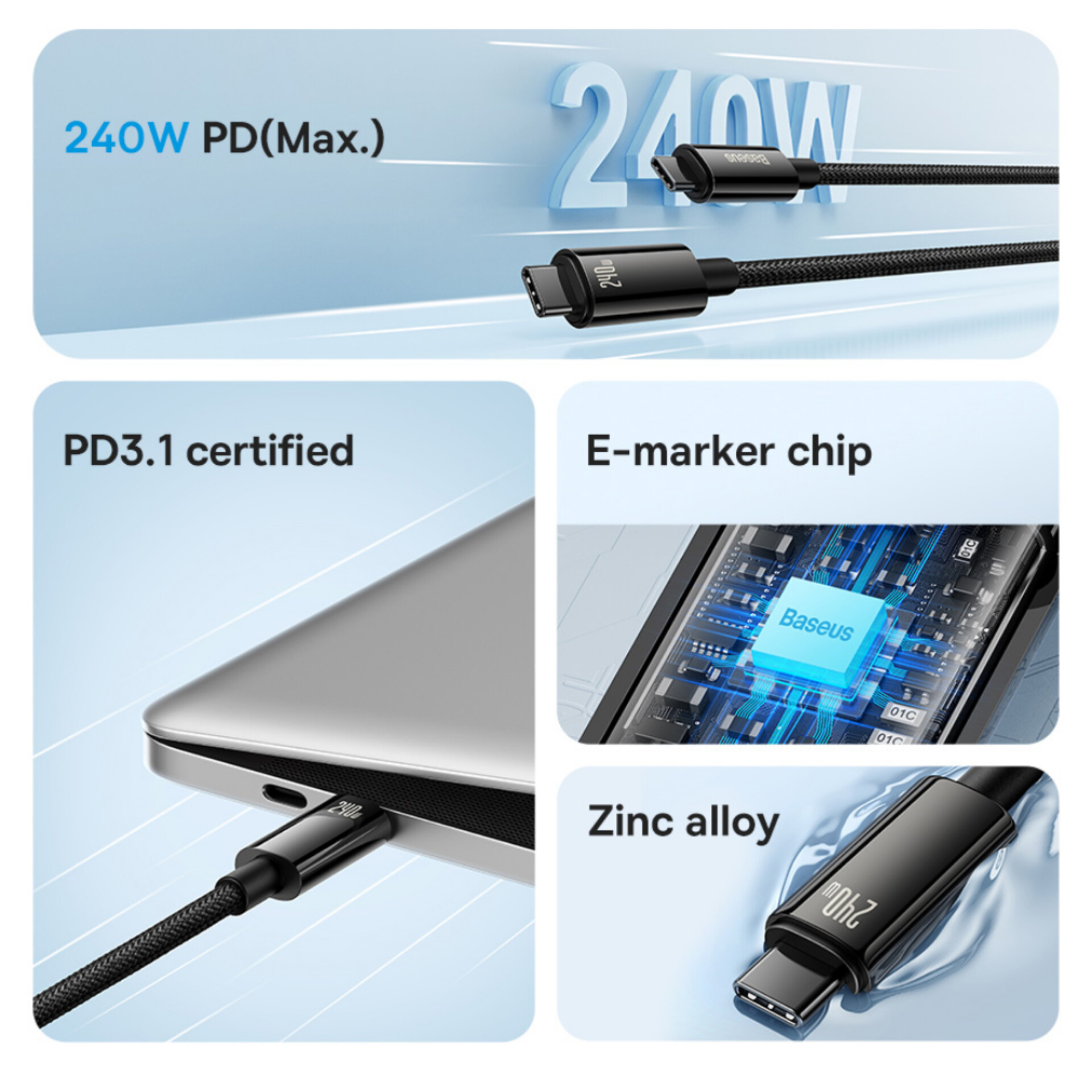 کابل تبدیل USB-C باسئوس مدل (TUNGSTEN GOLD (240W طول 2 متر