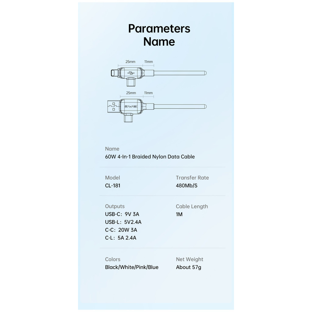کابل تبدیل USB-C / USB به USB-C / لایتنینگ اوی مدل CL-181 60W طول 1 متر