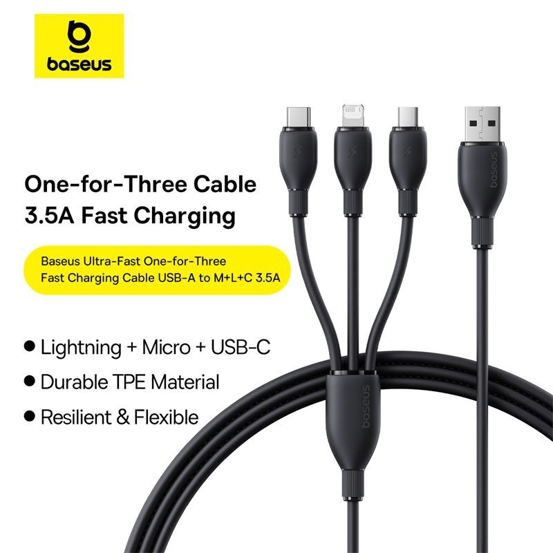 کابل تبدیل USB به لایتنینگ/USB-C/micro-USB بیسوس مدل Ultra-Fast 3.5A طول 1.3 متر