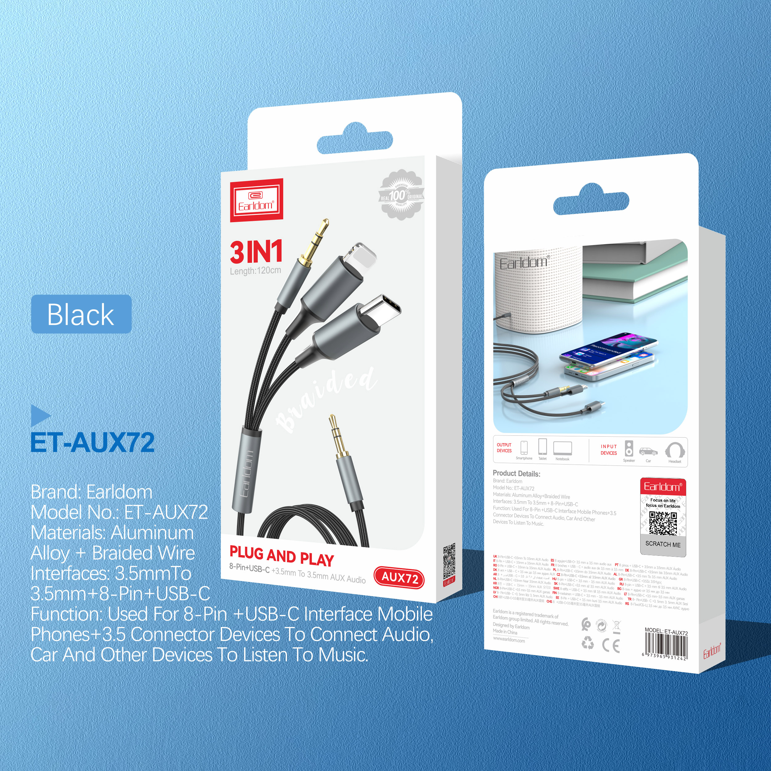 کابل تبدیل AUX به لایتنینگ / USB-C / AUX ارلدام مدل AUX72 طول 1.2 متر