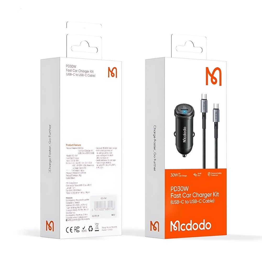 شارژر فندکی 30 وات مک دودو مدل CC-7493 W-Cable به همراه کابل USB-C