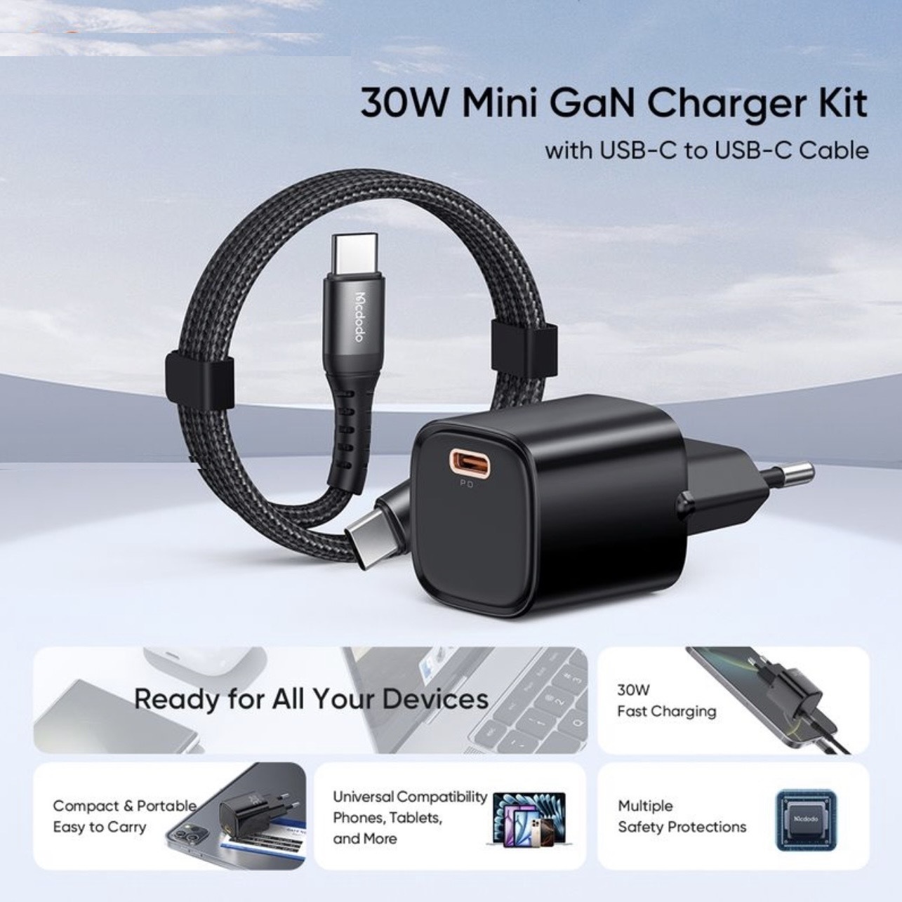 شارژر دیواری 30 وات مک دودو مدل Nano 30 mini به همراه کابل USB-C