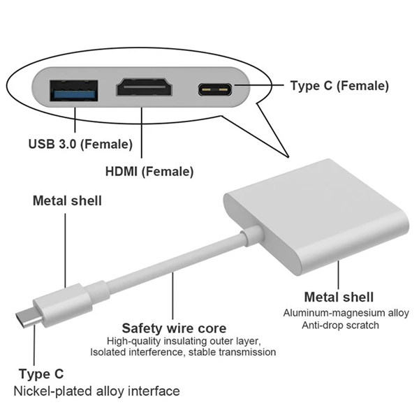 مبدل USB-C به HDMI/USB3.0/USB-C مدل T1304