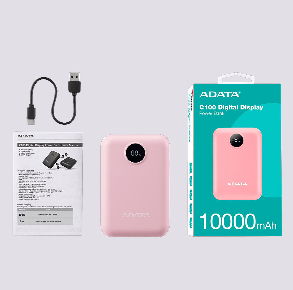 پاوربانک 20 وات ای دیتا مدل C100 Digital Display ظرفیت 10000 میلیآمپرساعت