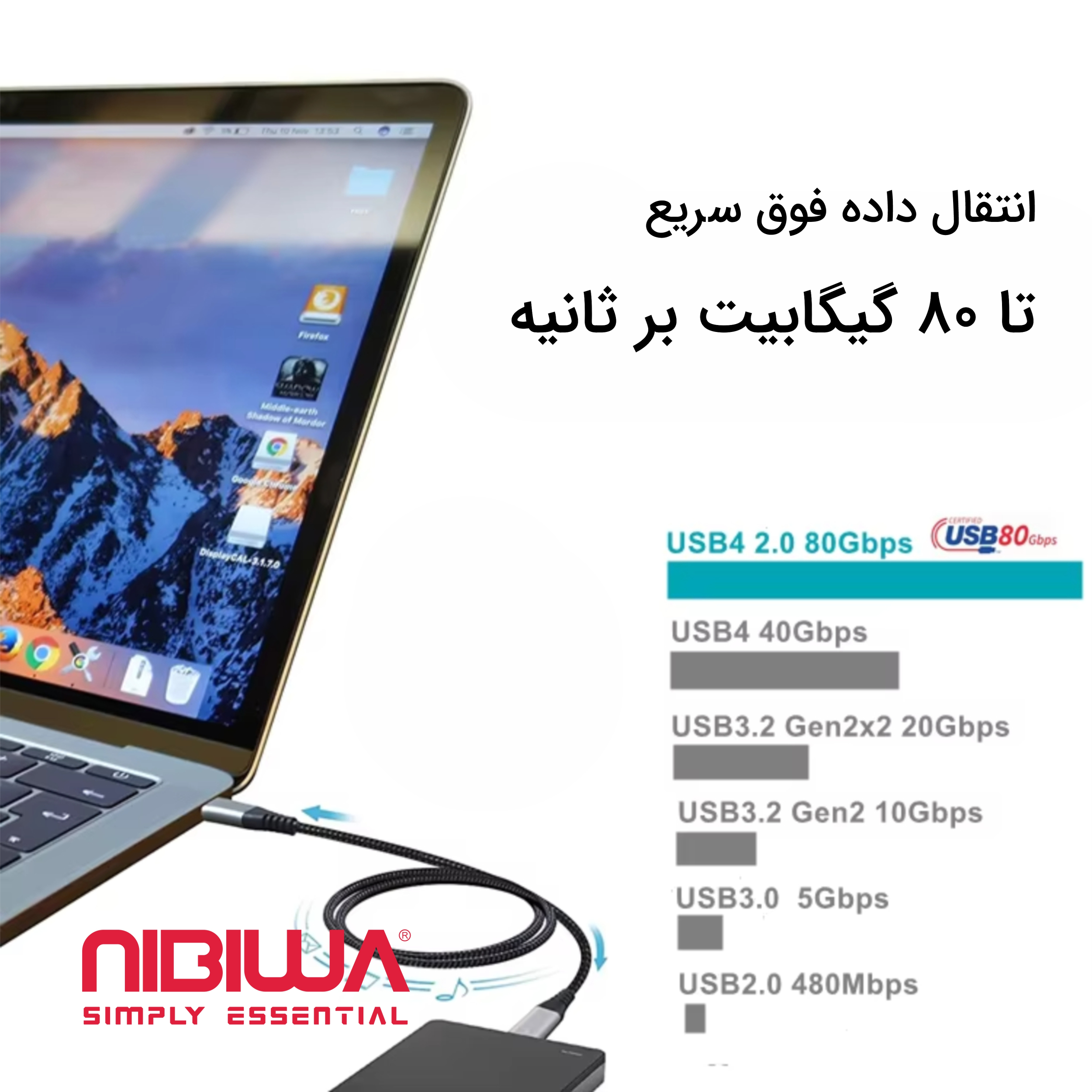 کابل USB-C نیبیوا مدل USB4 V2 ThunderBolt 5 طول 1 متر