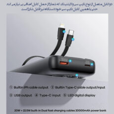 پاوربانک ریمکس مدل Fast Charge 2way ظرفیت 20000 میلی آمپر ساعت به همراه کابل USB-C و لایتنینگ