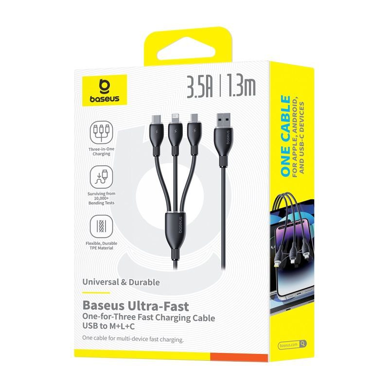 کابل تبدیل USB به لایتنینگ/USB-C/micro-USB بیسوس مدل Ultra-Fast 3.5A طول 1.3 متر