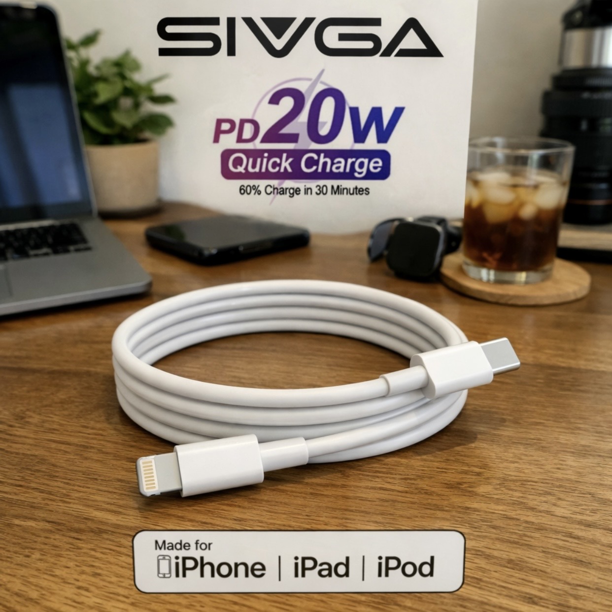 کابل تبدیل USB-C به لایتنینگ سیوگا مدل PowerLine-plus طول 1 متر